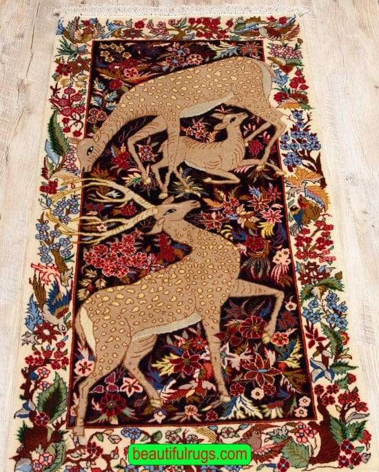 Handmade Persian Sarouk rugs with Deer motifs, flowers and birds, multicolor rugs. Size 2.4x4.2.