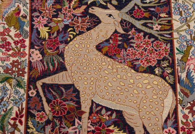 Handmade Persian Sarouk rugs with Deer motifs, flowers and birds, multicolor rugs. Size 2.4x4.2.
