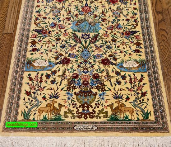 Persian Qum silk rug with birds and animals in yellow color. Size 2.7x4.3