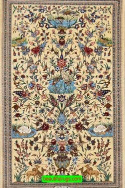 Persian Qum silk rug with birds and animals in yellow color. Size 2.7x4.3