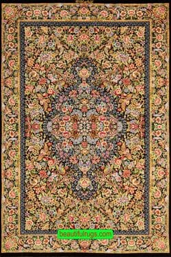 Pure silk Persian Qum rug with black and green colors. Size 3.5x5