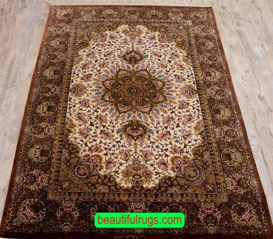 Pure silk Persian Qum rug with beige and brown colors. Size 3.7x5.2