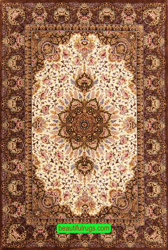 Pure silk Persian Qum rug with beige and brown colors. Size 3.7x5.2