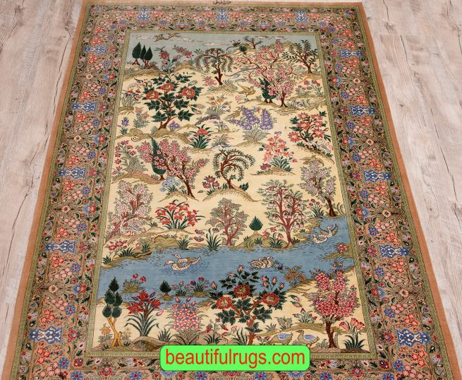 Persian Qum pure silk rug, scenery design with birds and flowers, multicolor. Size 3.4x5.4