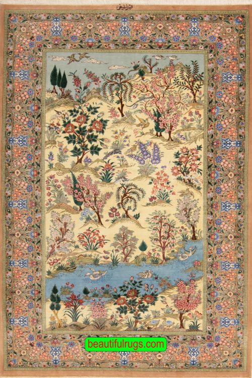 Persian Qum pure silk rug, scenery design with birds and flowers, multicolor. Size 3.4x5.4