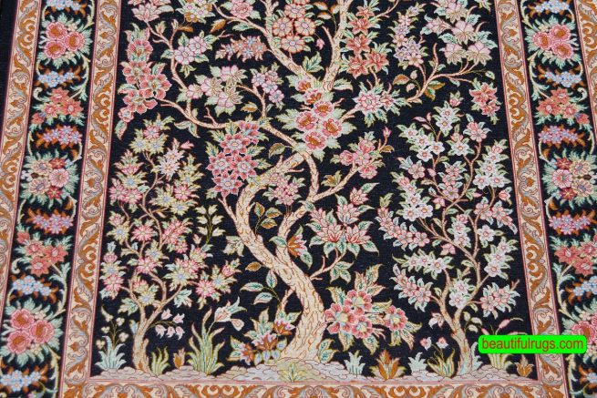 Black Color Tree of Life Persian Qum Silk Rug. Size 2.7x4,