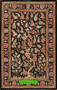 Black Color Tree of Life Persian Qum Silk Rug. Size 2.7x4,