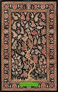 Black color Tree of Life silk rug, handmade Persian Qum silk rugs.