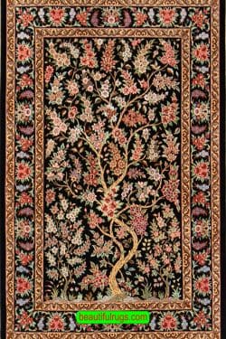 Black Color Tree of Life Persian Qum Silk Rug. Size 2.7x4,