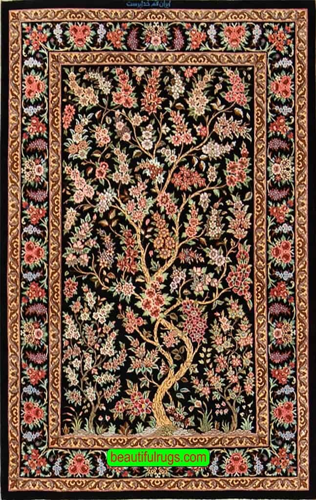 2702- Handmade Black Color Tree of Life Persian Qum Silk Rug. Size 2.7x4.