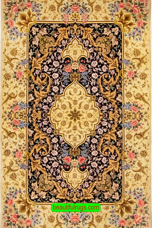 Persian Qum silk rug, black and gold color. Size 2.8x4.