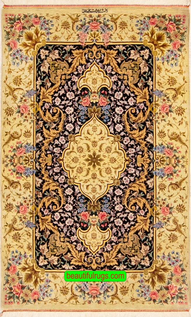 Persian Qum silk rug, black and gold color. Size 2.8x4.
