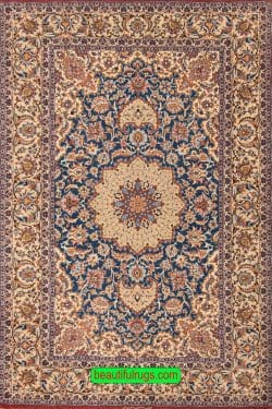 Persian Isfahan wool and silk rug in blue color. Size 5x7.2