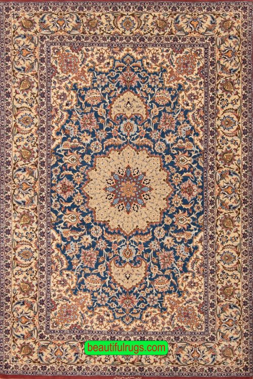 Persian Isfahan wool and silk rug in blue color. Size 5x7.2