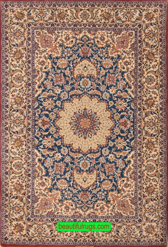 Persian Isfahan wool and silk rug in blue color. Size 5x7.2