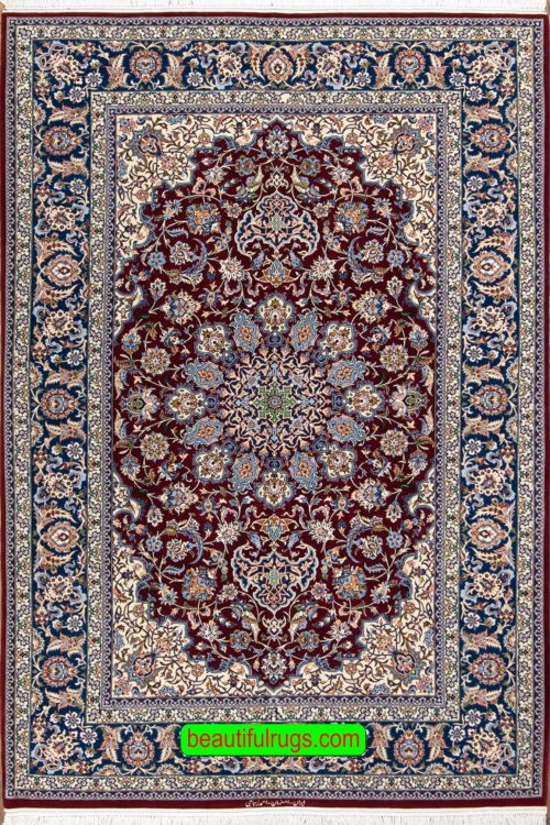 Handmade Persian Isfahan vegetable dye rug with red and blue colors. Size 4.10x7
