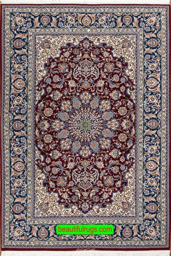 Handmade Persian Isfahan vegetable dye rug with red and blue colors. Size 4.10x7