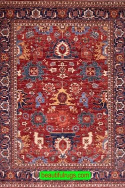 Orange Red and Blue Color Oriental Rug with Serapi design, size 8.6x11.2