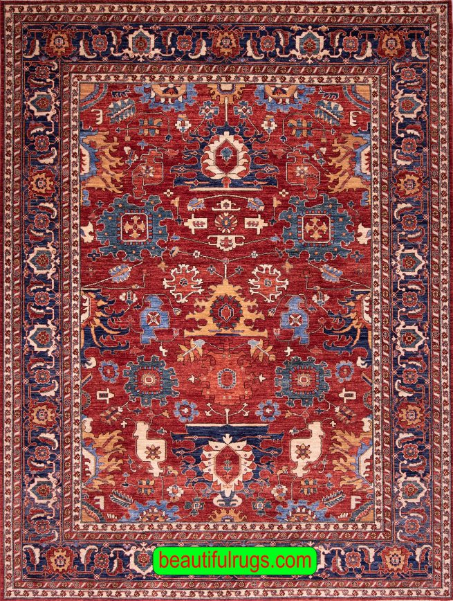 Orange Red and Blue Color Oriental Rug with Serapi design, size 8.6x11.2