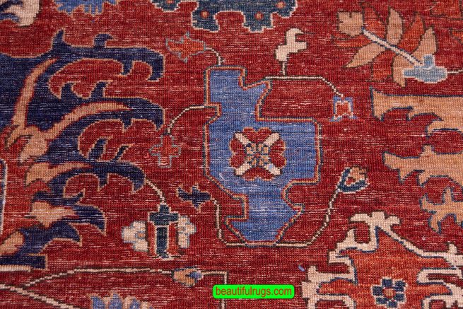 Orange Red and Blue Color Oriental Rug with Serapi design, size 8.6x11.2