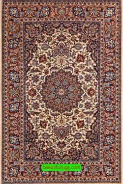 Traditional Persian Isfahan vegetable dyed rug in beige and red colors. Size 4.9x7.3