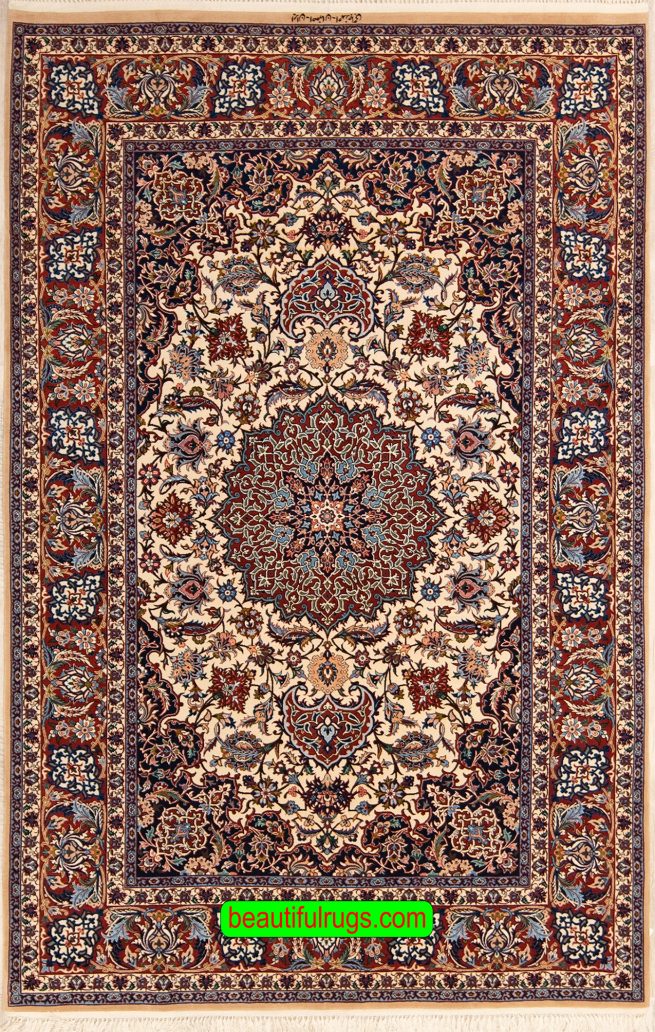Traditional Persian Isfahan vegetable dyed rug in beige and red colors. Size 4.9x7.3