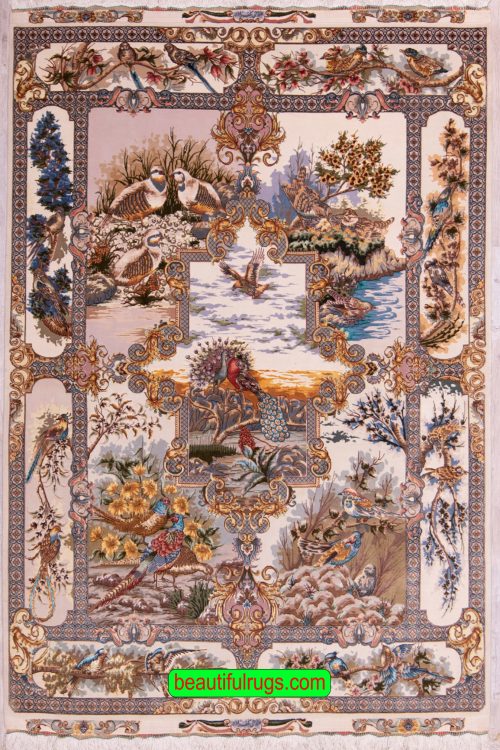 Persian Tabriz wool and silk rug with Peacock and Pheasants. Size 5.2x7.3