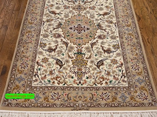 3x5 area rug, handmade Persian Isfahan rug in beige color made of wool and silk. Size 3.7x5.5.