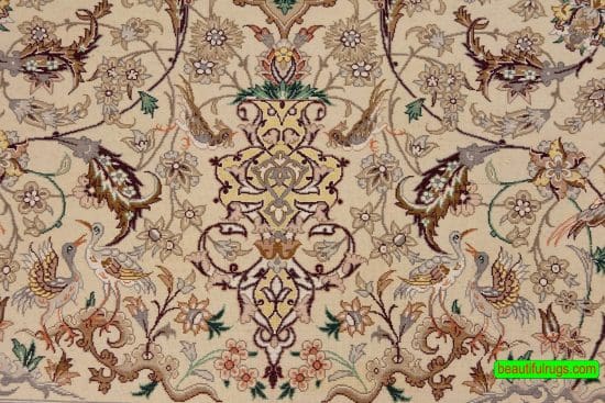 3x5 area rug, handmade Persian Isfahan rug in beige color made of wool and silk. Size 3.7x5.5.