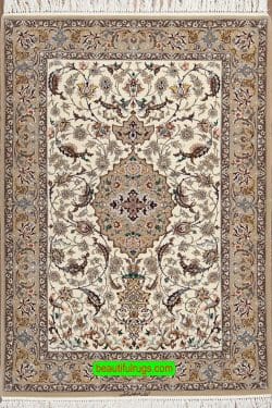 3x5 area rug, handmade Persian Isfahan rug in beige color made of wool and silk. Size 3.7x5.5.