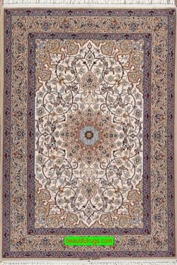 Accent rugs for living room, handmade Persian Isfahan rug in beige color made of kork wool and silk. Size 3.9x5.8.