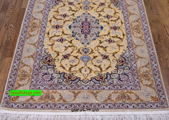 Persian Isfahan silk rug in gold color. Size 3.8x5.3