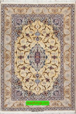 Gold rug. Persian Isfahan silk rug in gold color. Size 3.8x5.3.