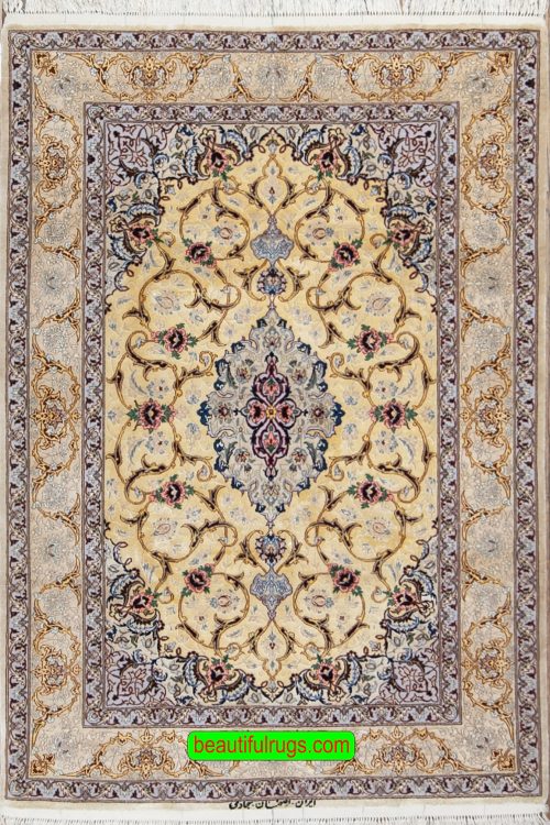 Persian Isfahan silk rug in gold color. Size 3.8x5.3.