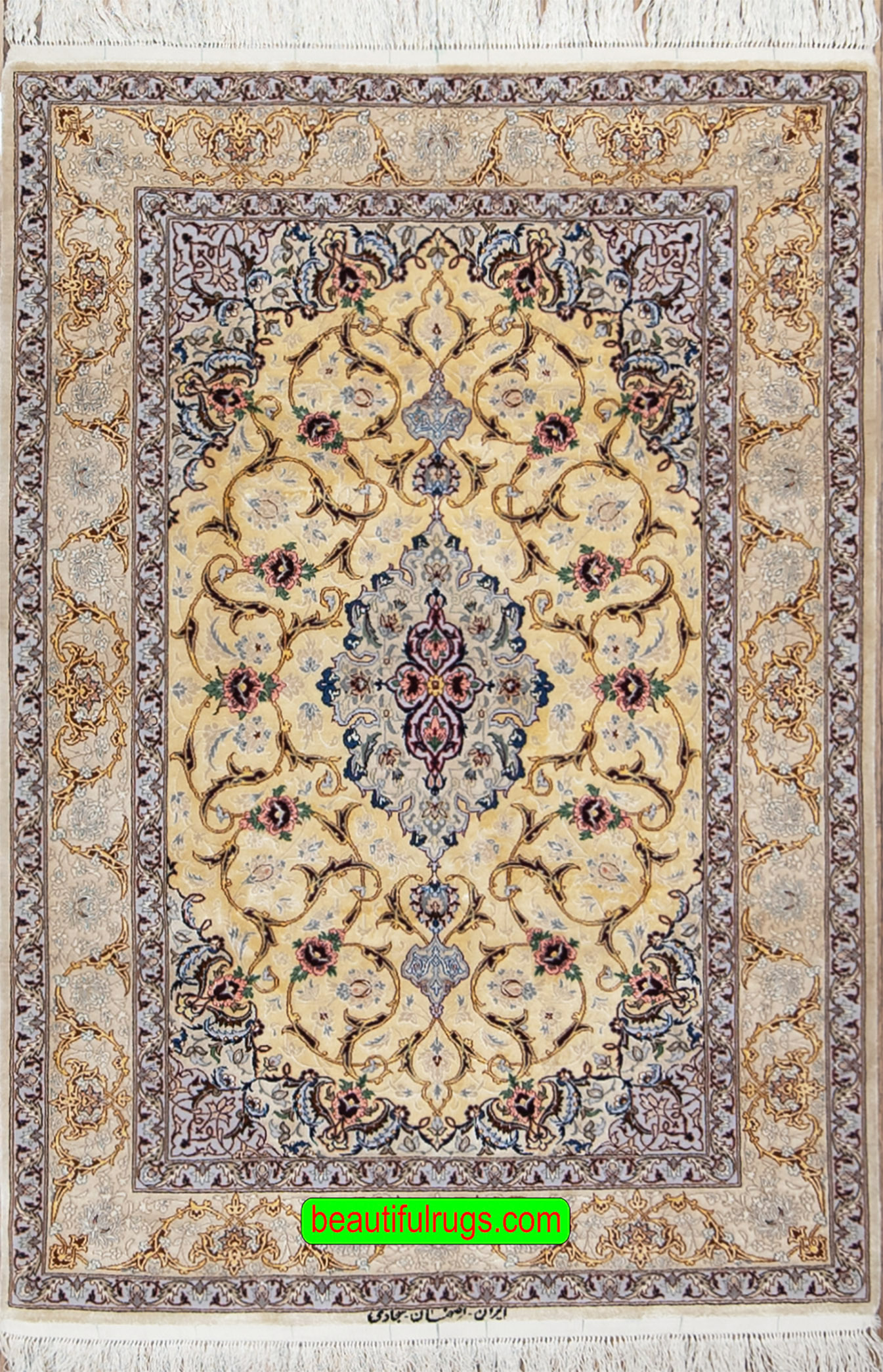 Persian Isfahan silk rug in gold color. Size 3.8x5.3.