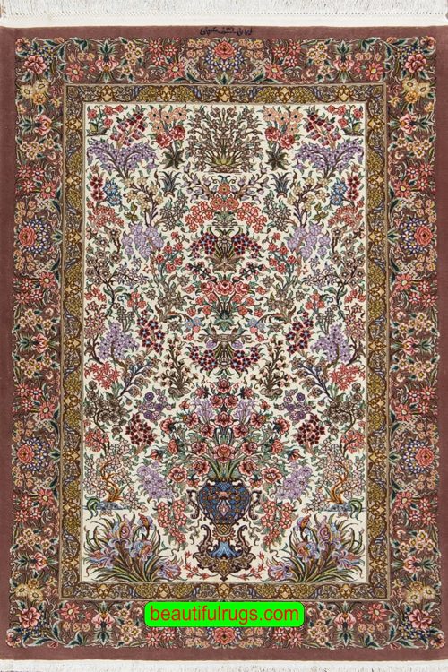 Multicolor Persian Qum rug with beige and mauve color. Size 3.4x5.6.