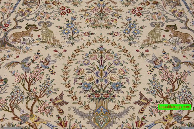 High quality Persian Isfahan rug with exotic birds and animals, beige and earth tone color. Size 7x10.5