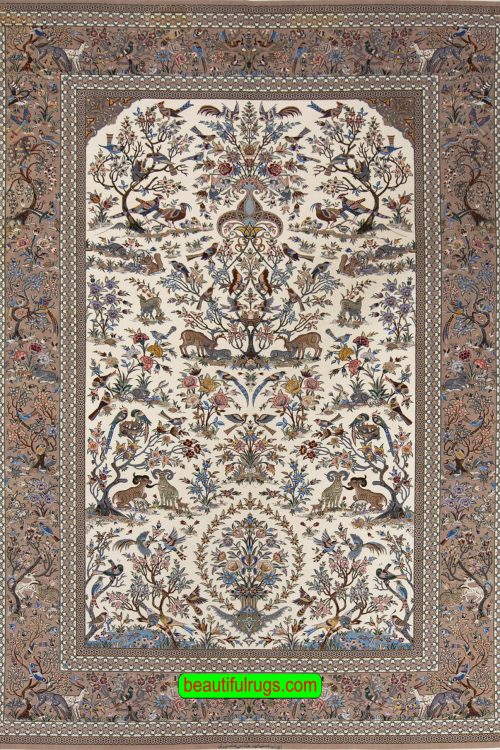 High quality Persian Isfahan rug with exotic birds and animals, beige and earth tone color. Size 7x10.5
