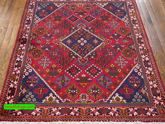 Handmade Persian Josheghan rug, geometric style rug in red color. Size 3.9x5.2.