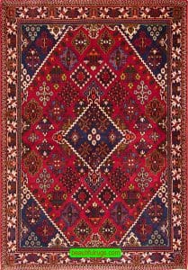 Handmade Persian Josheghan rug, geometric style rug in red color. Size 3.9x5.2.