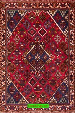 Handmade Persian Josheghan rug, geometric style rug in red color. Size 3.9x5.2.