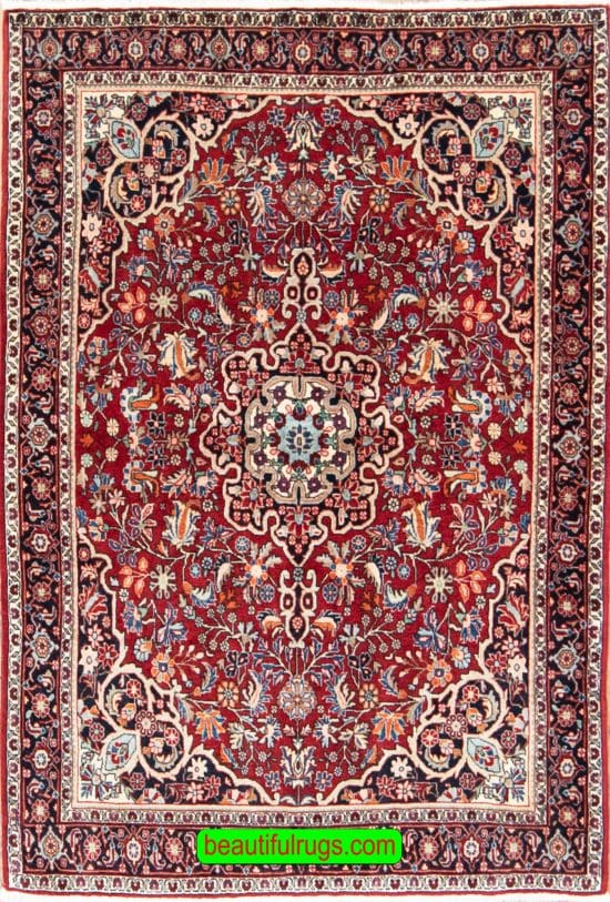 Hand knotted Persian Bijar wool rug in red color. Size 3.9x5.1.