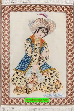 Rug wall hanging, handmade knotted Persian Isfahan wall rug depicting Queen of Safavid Dynasty. Size 2x3.