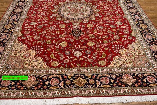 8x11 rug, orange red Persian Tabriz wool and silk rug in traditional floral style.