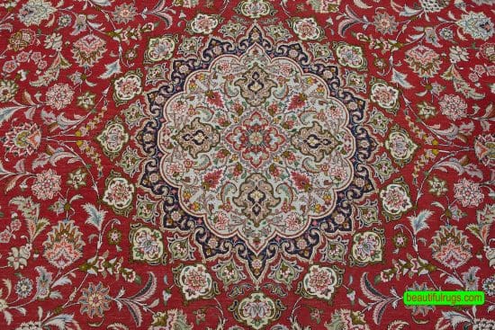 8x11 rug, orange red Persian Tabriz wool and silk rug in traditional floral style.