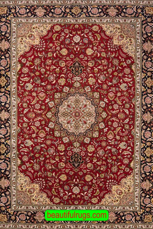 Persian Tabriz wool and silk rug in orange red and black colors. Size 8.3x11.8.