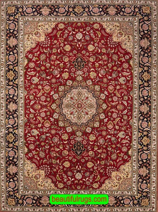 8x11 rug, orange red Persian Tabriz wool and silk rug in traditional floral style.