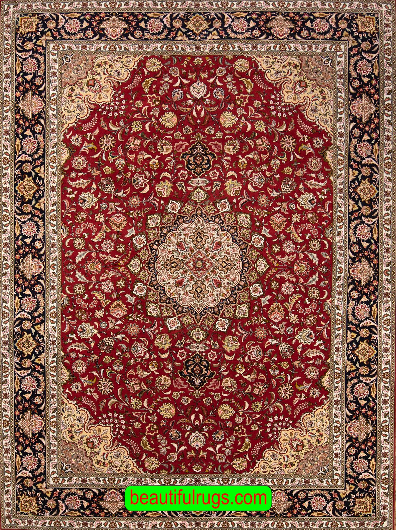 Persian Tabriz wool and silk rug in orange red and black colors. Size 8.3x11.8