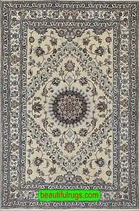 Old Persian Nain rug, wool and silk rug in excellent condition, cream color. Rug size 3x4.9.