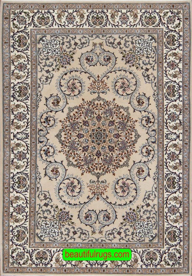 Persian Isfahan area rug in beige and taupe colors made of wool and silk. Size 3.8x5.7